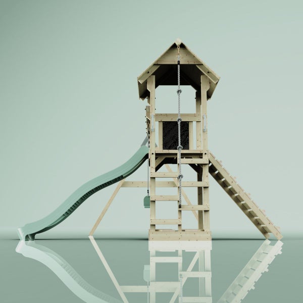 Spielturm aus Holz mit Rutsche, Kletterwand, Strickleiter und Leiter