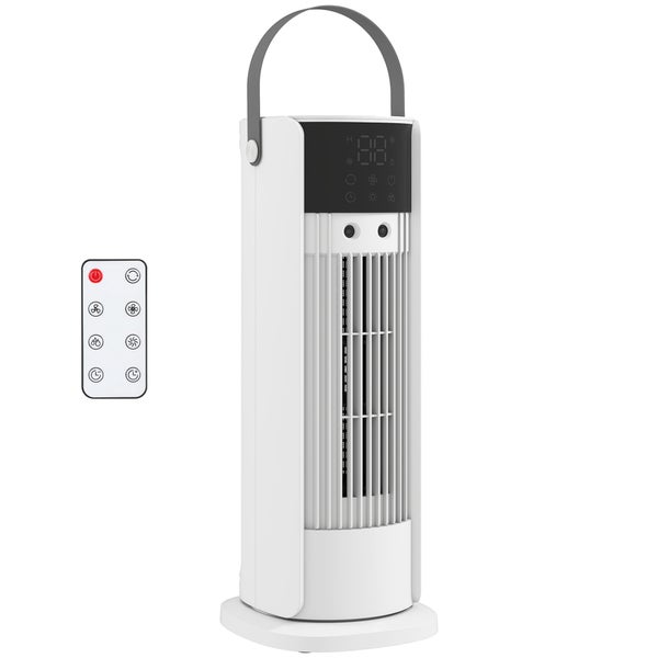Moderner weißer Turmventilator mit Tragegriff, digitalem Display und Fernbedienung.