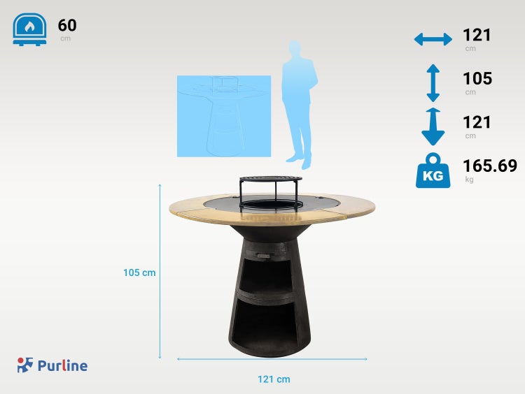 Purline Grilltisch mit den Maßen 121 cm x 105 cm x 121 cm und einem Gewicht von 165.69 kg.