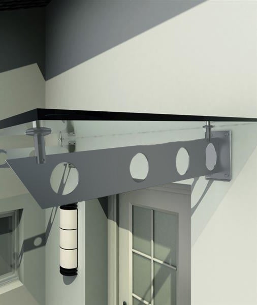 Vordach aus Glas mit Metallhalterung über einer Tür