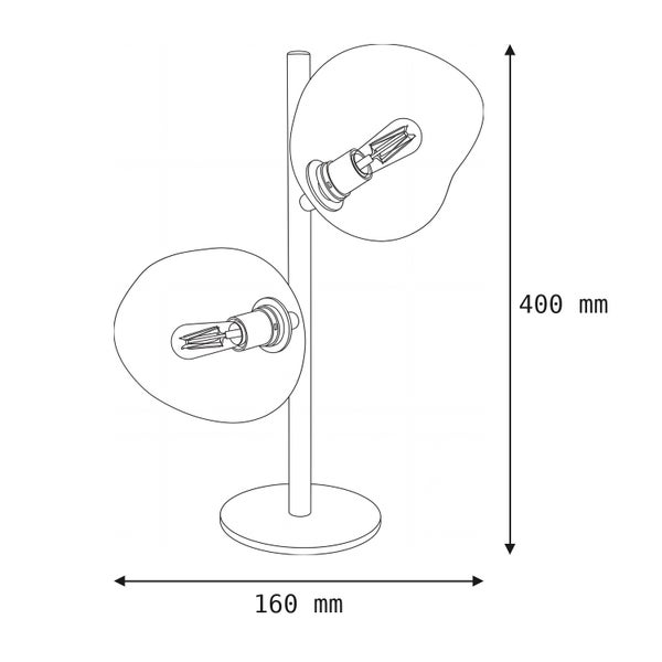 Maßskizze einer Tischleuchte mit zwei Glasschirmen, Höhe 400 Millimeter, Breite 160 Millimeter.