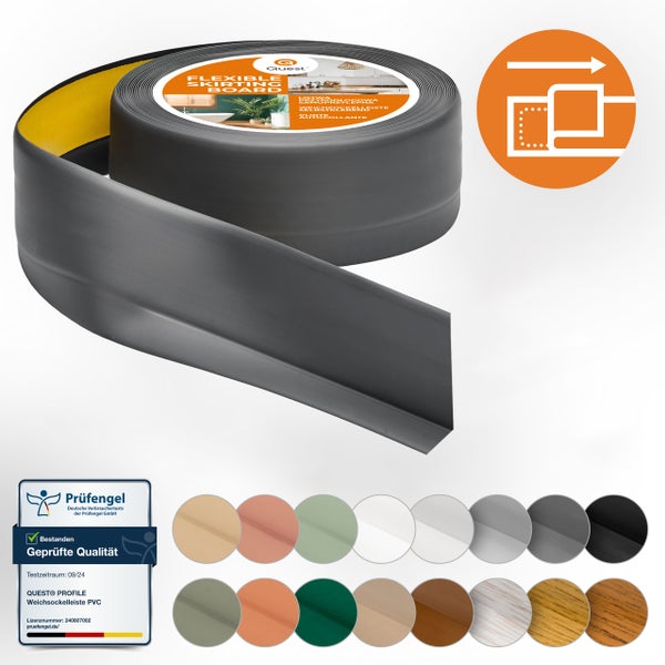 Selbstklebende, flexible Sockelleiste aus Kunststoff von Quest auf der Rolle zur einfachen Wandmontage.