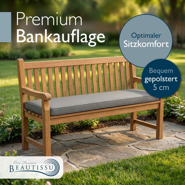 Premium Bankauflage auf einer Holzbank im Garten, 5 Zentimeter dick gepolstert für optimalen Sitzkomfort, Beautissu Logo.