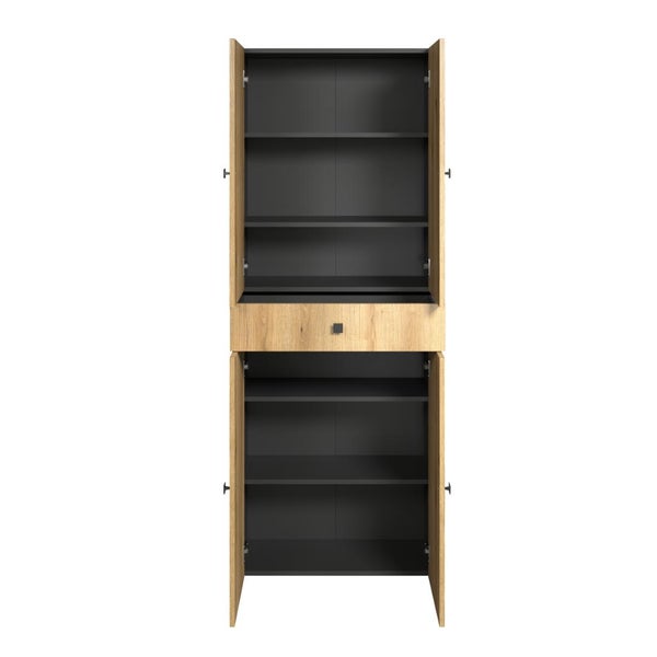 Offener Bad-Hochschrank mit zwei Türen, Einlegeböden und einer Schublade in Holzoptik und Anthrazit.