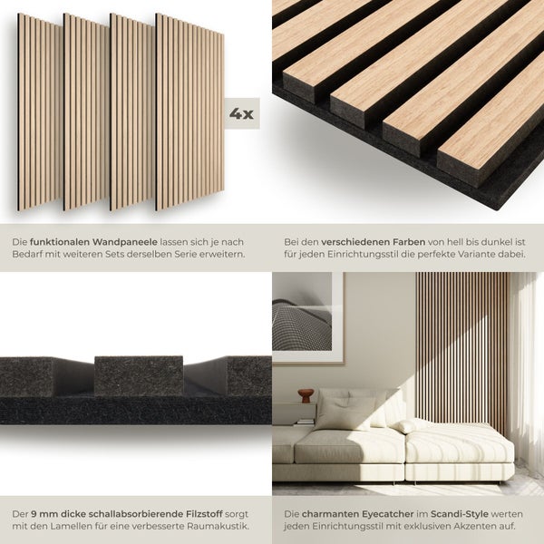 Vier Holzpaneele mit Filz zur Wandmontage für Schallschutz