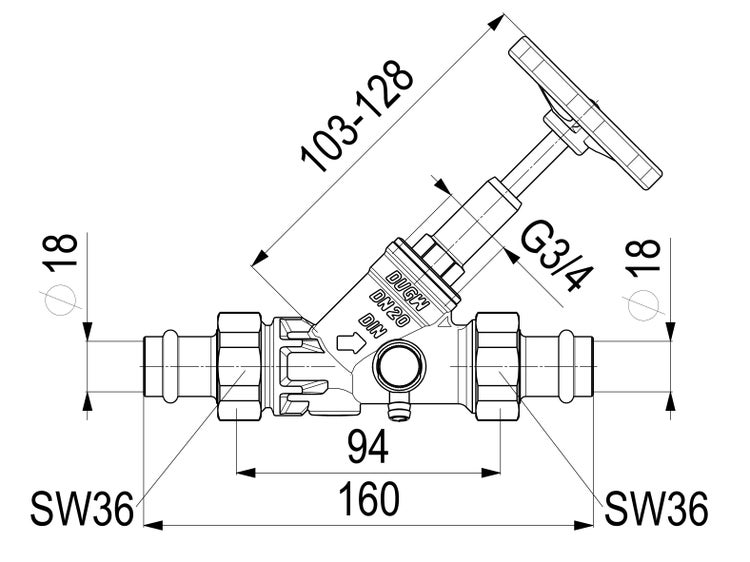 Technische Zeichnung eines Ventils mit Maßen in Millimeter, Nennweite 20, Anschluss G drei Viertel Zoll und Schlüsselweite 36.