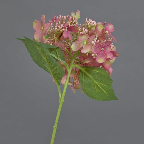 Künstliche Hortensie als Einzelzweig mit rosa Blüten und grünen Blättern.