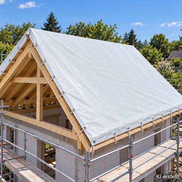 Baugerüst mit Gewebeplane zur Abdeckung des Holzdachstuhls bei einem Hausrohbau unter freiem Himmel.