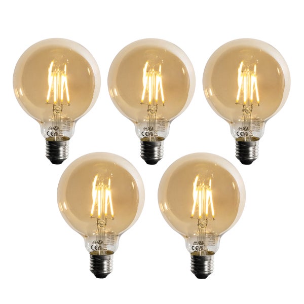 Fünf LED-Filament-Leuchtmittel in Globeform mit E27-Sockel und bernsteinfarbenem Glas.