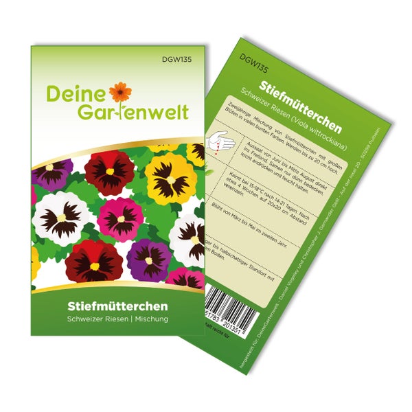Samentüte für Stiefmütterchen Schweizer Riesen Mischung von Deine Gartenwelt, Vorderseite und Rückseite mit bunten Blüten und Aussaathinweisen.