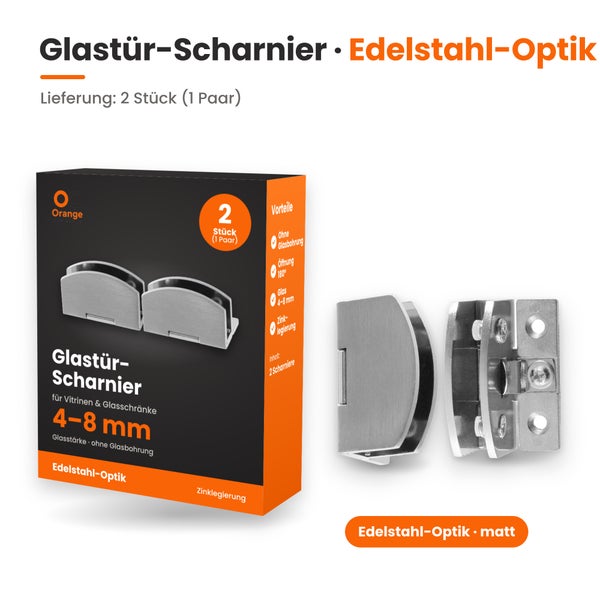 Set aus zwei Glastürscharnieren in Edelstahloptik für Vitrinen und Glasschränke mit einer Glasstärke von 4 bis 8 Millimetern.