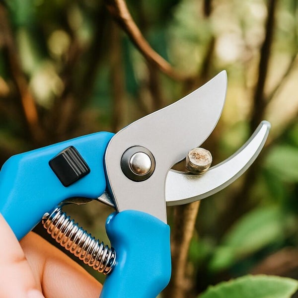 Nahaufnahme einer Gartenschere mit blauem Griff, die einen kleinen Ast schneidet.