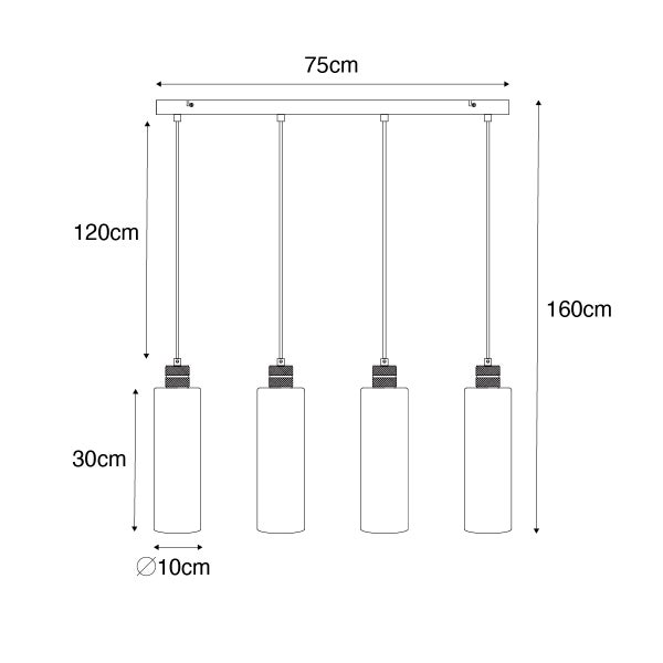 Technische Zeichnung einer Hängelampe mit den Maßen 75 cm Breite, 160 cm Höhe, Lampenschirm 30 cm Höhe und 10 cm Durchmesser