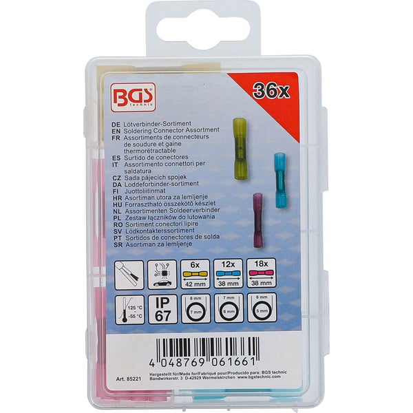 36-teiliges Lötverbinder-Sortiment von BGS technic in einer transparenten Kunststoffbox.