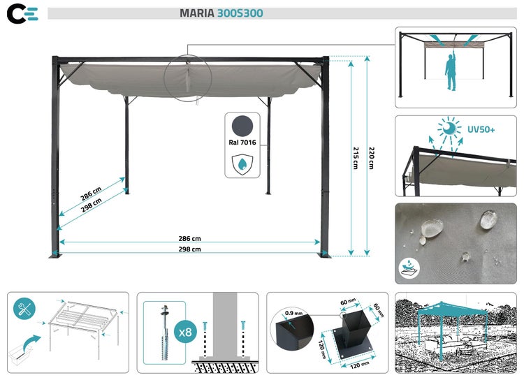 Pergola MARIA 300S300 mit einziehbarem Dach Hellgrau