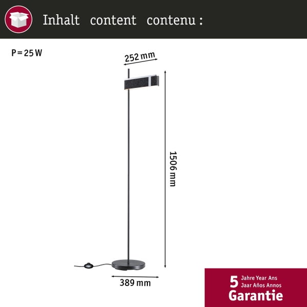 Stehleuchte mit einer Höhe von 1506 Millimeter, einer Breite von 252 Millimeter und einem Fußdurchmesser von 389 Millimeter. Leistung 25 Watt. 5 Jahre Garantie.