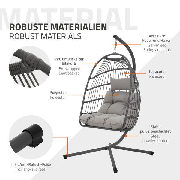 ECD Germany Hängesessel mit Gestell, Kissen und Abdeckung, inkl. Deckenhalterung, Grau, Rattan-Optik, Stahl, faltbar, Indoor/Outdoor, Hängestuhl mit Schutzhülle, Hängekorb Hängeschaukel Hängesitz