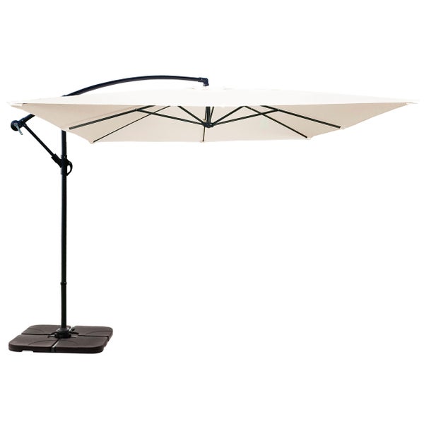 Quadratischer Ampelschirm mit dunklem Gestell und hellem Bezug für Garten oder Terrasse.