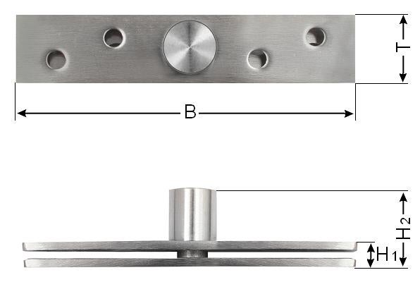 Technische Zeichnung eines Türbeschlags aus Metall mit Bemaßungspfeilen für Breite, Tiefe und Höhe.