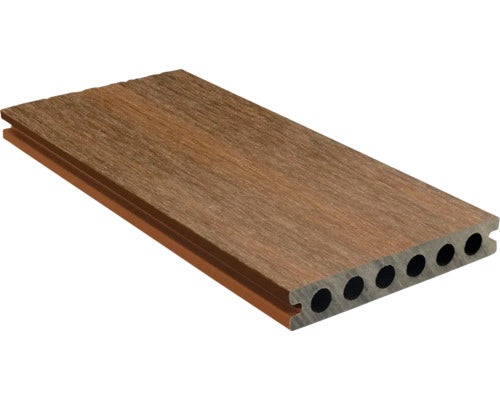 WPC-Terrassendiele mit Holzmaserung und Hohlkammerprofil in Braun.
