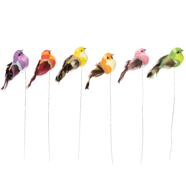 Dekovögel am Draht, farblich sortiert mit echten Federn für Gestecke und Bastelarbeiten.