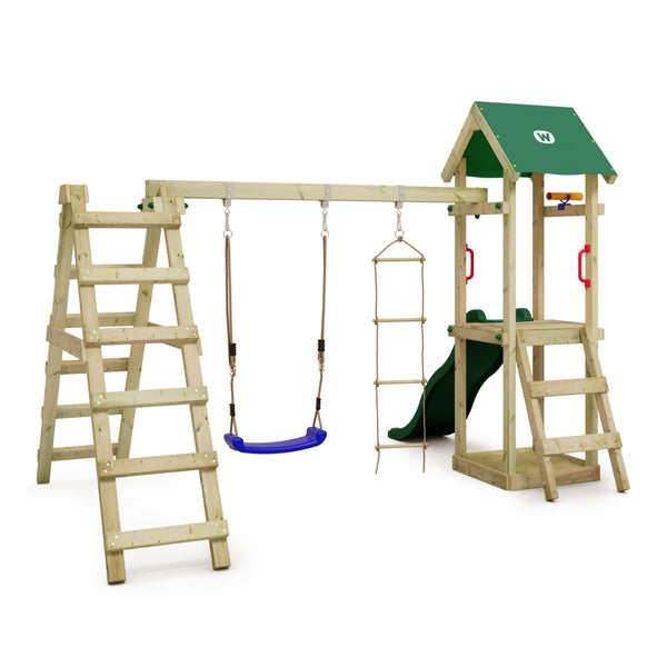 WICKEY Spielturm Klettergerüst TinyLoft mit Schaukel und Rutsche, Kletterturm mit Sandkasten, Leiter und Spiel-Zubehör - grün