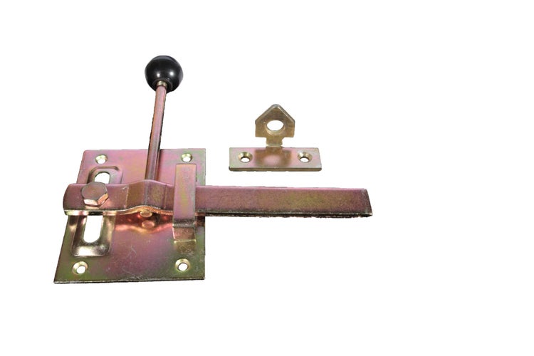 Stallriegel mit Kugelknopf aus gelb verzinktem Stahl inklusive Schließkloben.