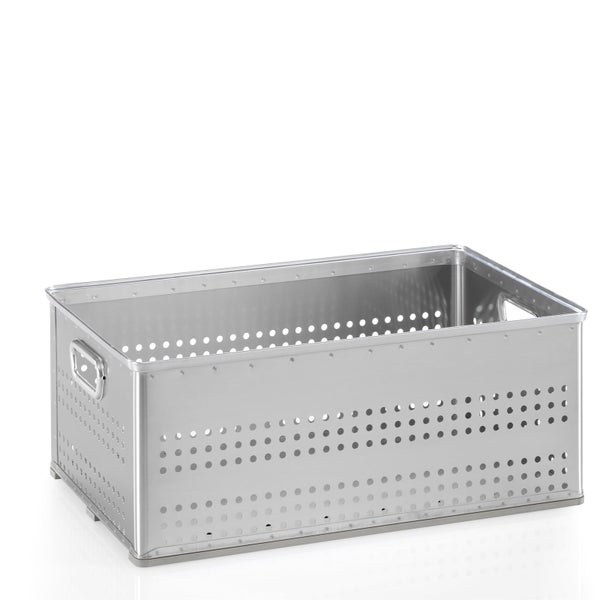 Rechteckige Aufbewahrungskiste aus Aluminium mit gelochten Seitenwänden und seitlichen Griffen.