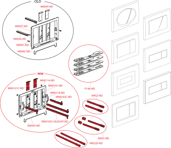 Explosionszeichnung von Ersatzteilen für Toiletten-Betätigungsplatten, Vergleich von alten und neuen Montagerahmen, Drückerstangen und Halterungen.