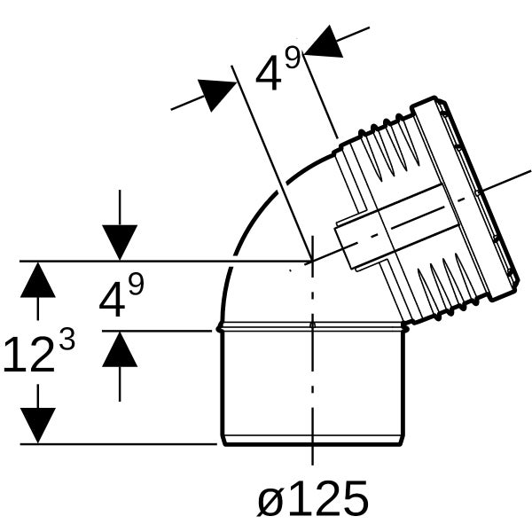 Technische Zeichnung eines Rohrbogens mit Durchmesser 125 Millimeter sowie den Maßen 49 Millimeter und 123 Millimeter.
