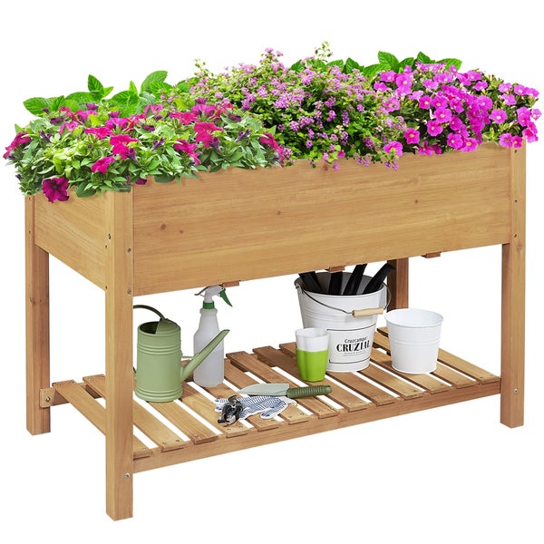 Hochbeet aus Holz mit Ablagefläche und bepflanzter Bepflanzung