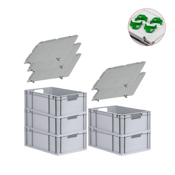 PROREGAL Spar Set 5x Eurobox Nextgen Economy Mit Auflagedeckel & 4x Schiebeschnappverschlüsse Grün Griffe Offen HxBxT 22 x 40 x 60 cm 44 Liter