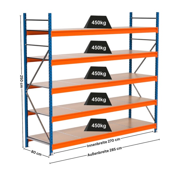 Metallregal mit fünf Ebenen und einer maximalen Traglast von 450 Kilogramm pro Ebene