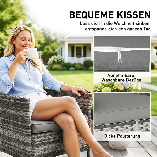 Geflochtener Gartenstuhl aus Polyrattan mit Sitzkissen. Maße: Höhe 87 Zentimeter, Breite 62 Zentimeter, Tiefe 58 Zentimeter.