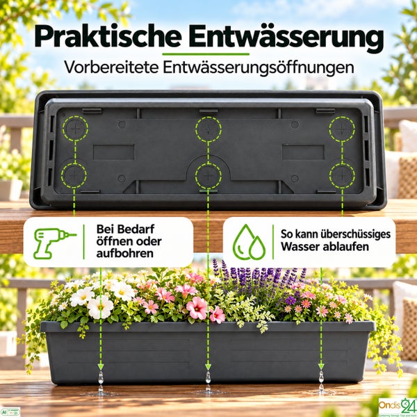 Blumenkasten mit vorbereiteten Entwässerungsöffnungen zum Aufbohren für überschüssiges Wasser.