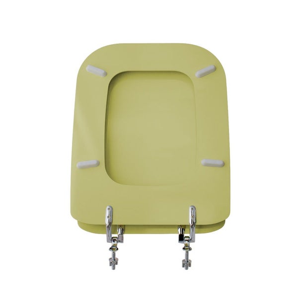 Grüner WC-Sitz in D-Form aus Holz mit stabilen Metallscharnieren.