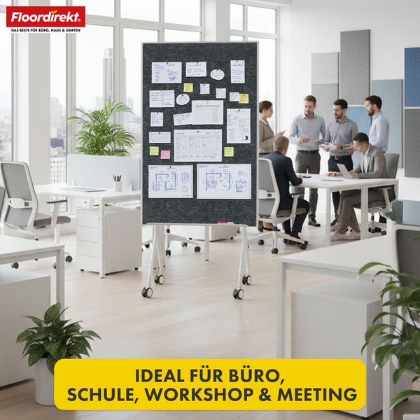 Mobiles Whiteboard mit Rollen in einem Büroraum mit Personen.