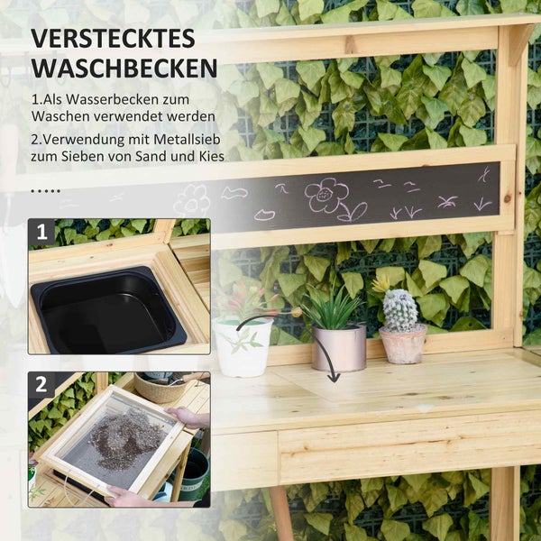Outsunny Gärtnertisch Pflanztisch mit 8 Haken Ablage Schublade Blumentisch aus Holz für Terrasse Garten 151 x 45,5 x 143 cm Natur