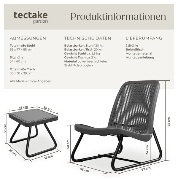Produktinformationen zu einem Gartenstuhl und Beistelltisch mit Maßangaben und technischen Daten