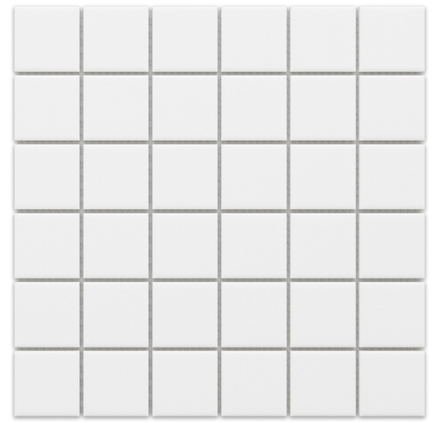 Weißes Mosaik aus quadratischen Fliesen in Netzstruktur.