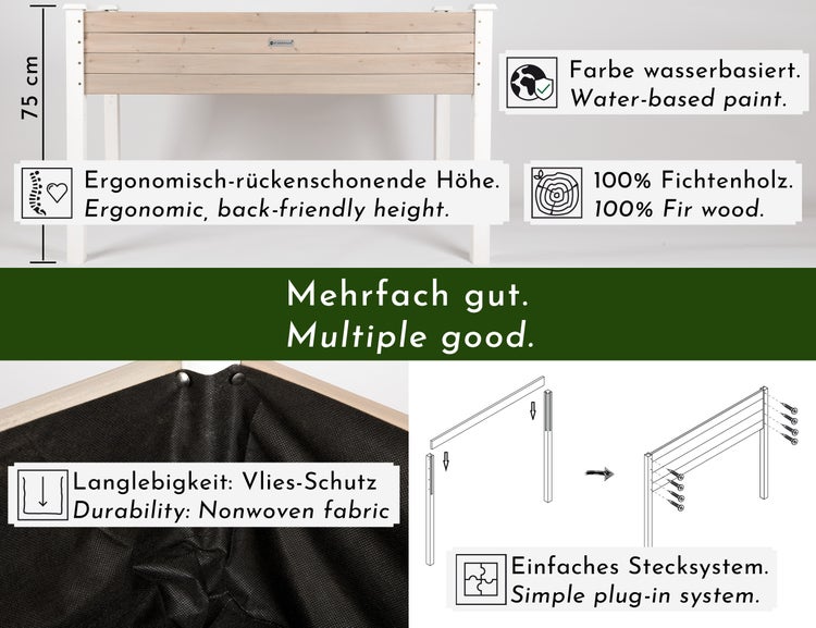 WONDERMAKE - Großes Hochbeet aus Holz für Garten Balkon Terrasse, Pflanzkasten Bausatz XL rechteckig schmal mit Vlies-Folie, Kräuterbeet Pflanzenkasten, weiß grau anthrazit