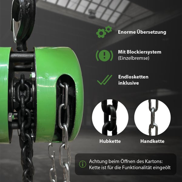 Manueller Kettenzug mit Hubkette und Handkette sowie integriertem Blockiersystem für Hebearbeiten in Werkstatt und Industrie.