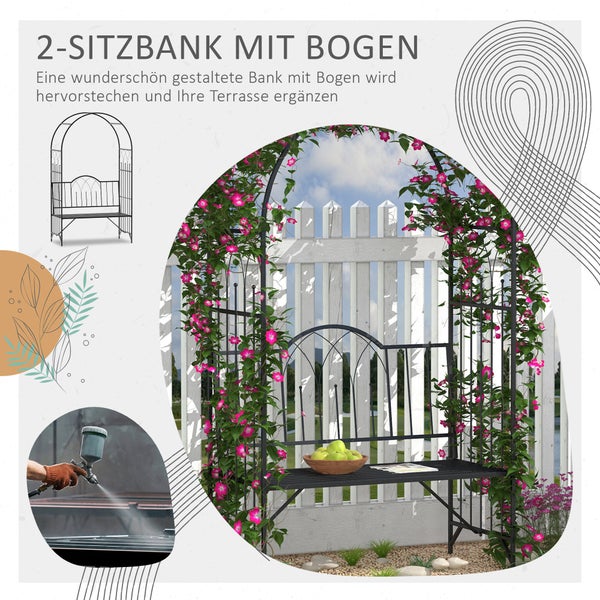 Outsunny Rosenbogen mit Bank, Gartenbank, 115 x 59 x 203 cm, Metall, Schwarz