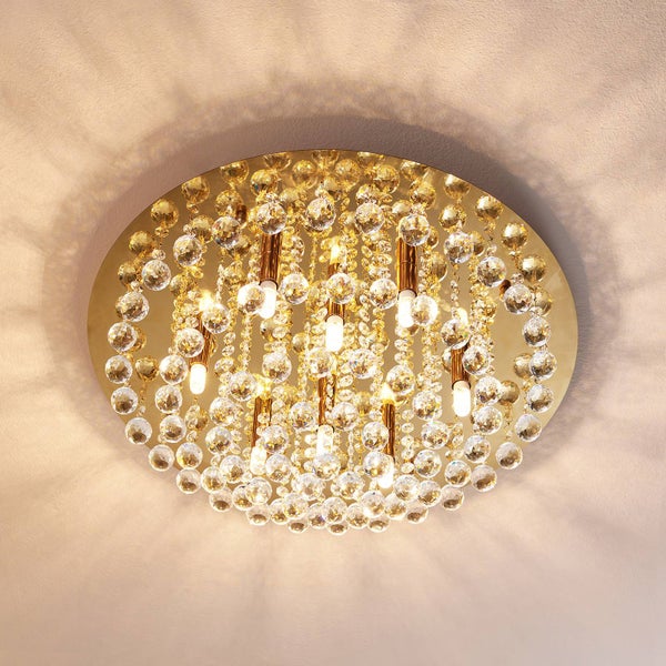 Goldfarbene Deckenleuchte mit Kristallbehang