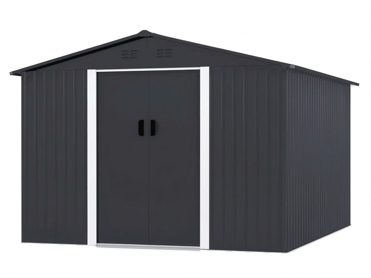 Gerätehaus aus Metall mit Satteldach und Schiebetüren in Anthrazit