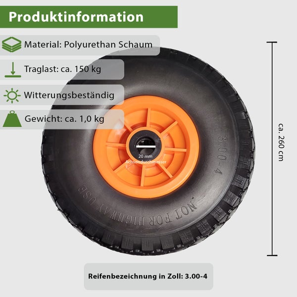 Schubkarrenrad aus Polyurethanschaum mit 260 Millimeter Durchmesser, 150 Kilogramm Traglast und 20 Millimeter Achsendurchmesser.