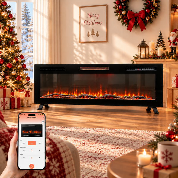 Elektrischer Kamin mit Flammeneffekt in einem weihnachtlich dekorierten Wohnzimmer, steuerbar über eine Smartphone App.