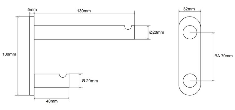 Technische Zeichnung eines Wandträgers für Gardinenstangen mit Maßangaben in Millimeter.