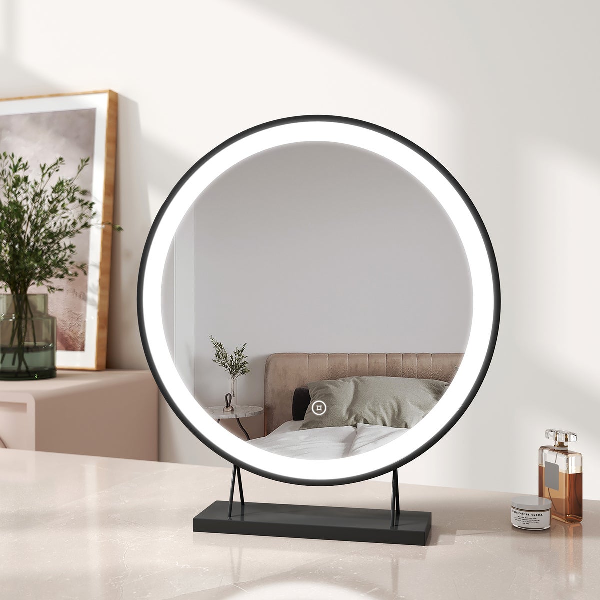 EMKE Schminkspiegel LED Kosmetikspiegel Rund Tischspiegel mit Beleuchtung, mit Touch, 3 Lichtfarben,Dimmbar, Memory-Funktion Schwarz ф48cm