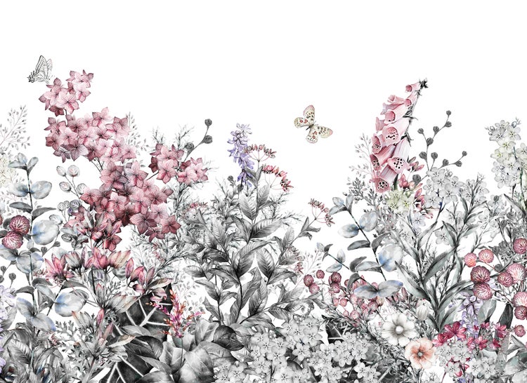 Wandbild mit botanischem Muster aus Wildblumen, Blättern und Schmetterlingen in Rosa, Violett und Grau.